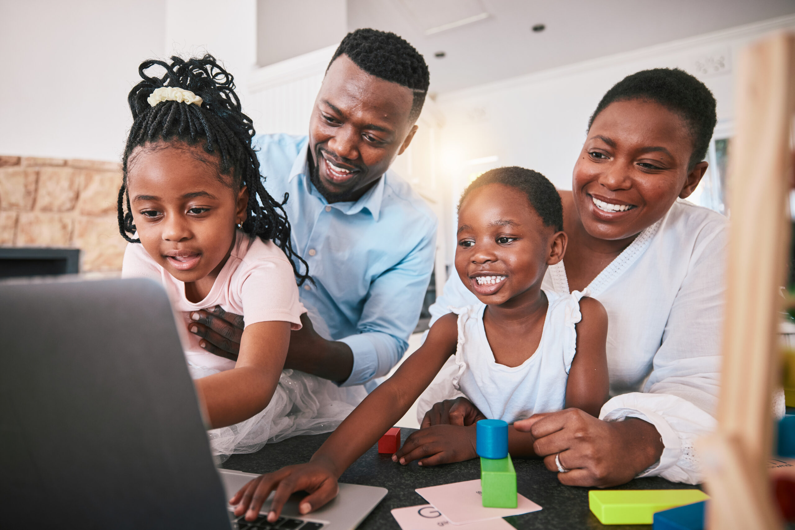 black family, laptop and elearning, education and happiness, parents help children with school work. teaching, learning and support, man and woman with young kids at home, online class and fun
