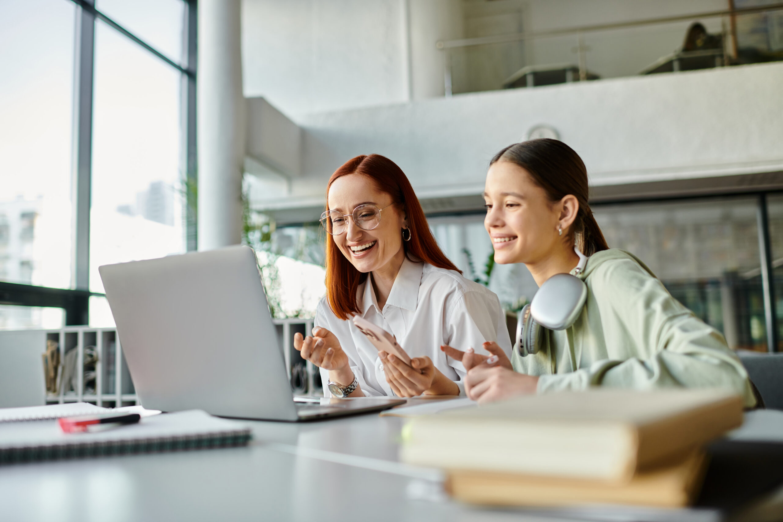 young teacher engages with student in cheerful library study session during afternoon hours
