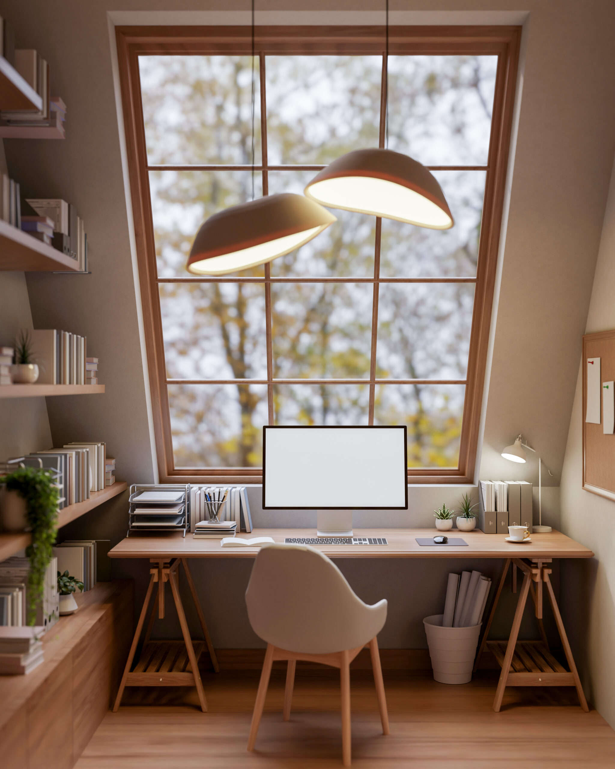 the interior of a contemporary, cozy beige home office features a computer on a wooden desk.