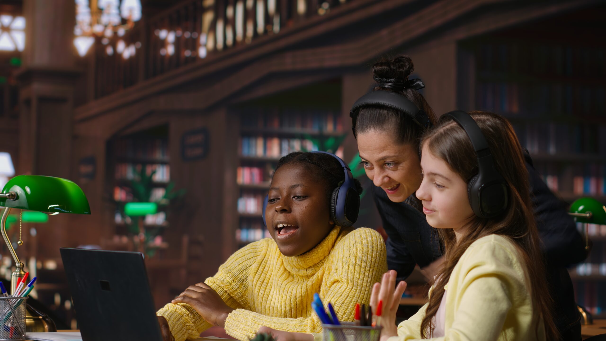 young students and tutor attending an online class via video call in the library