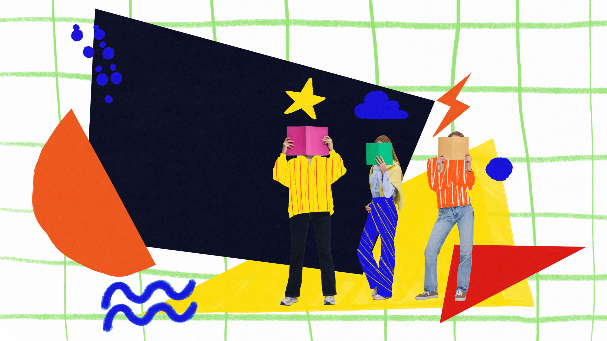 three students holding books against colorful geometric background. teen identity poster, flyer