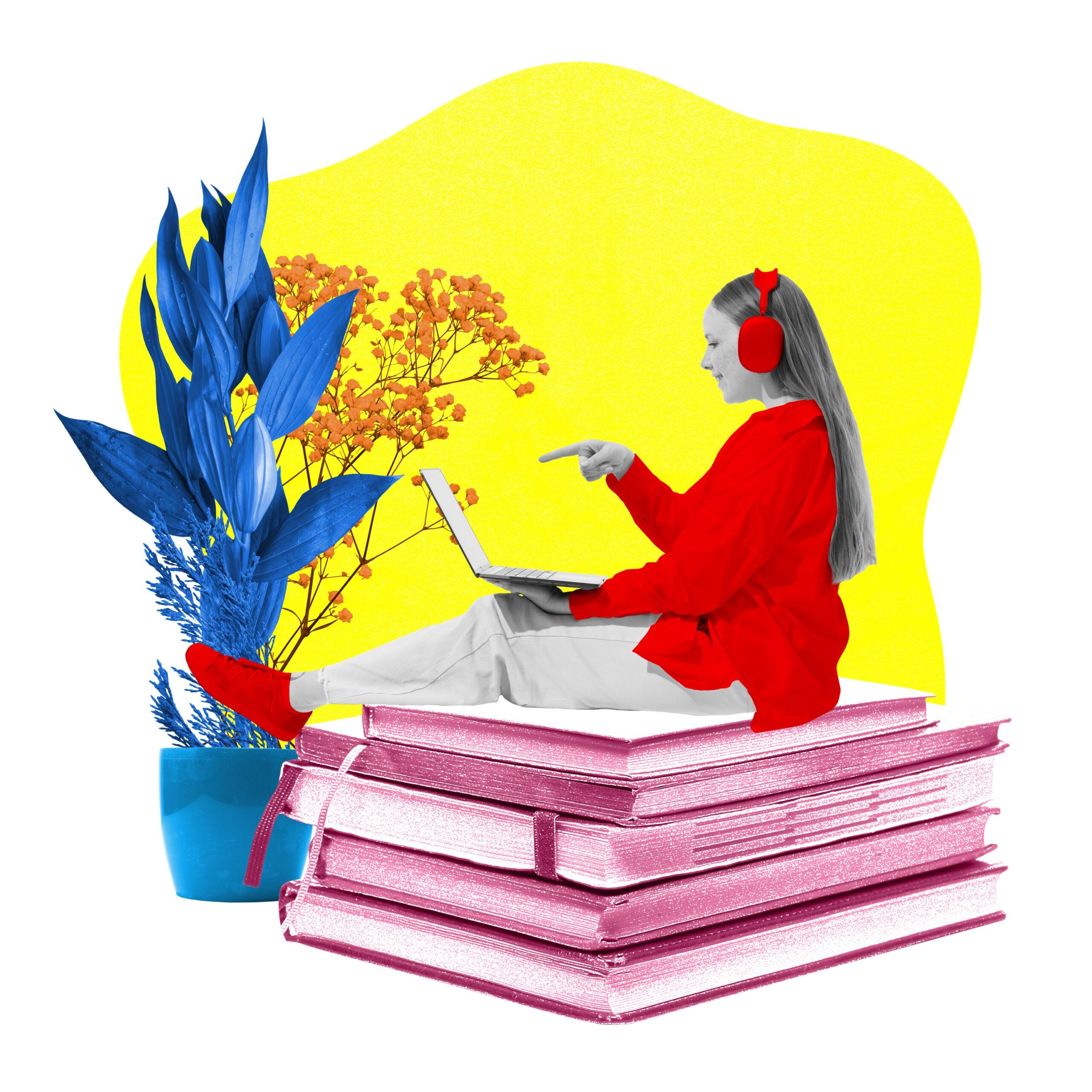 poster. contemporary art collage. woman sitting on huge stack of books and holding online meeting at her home office. ad